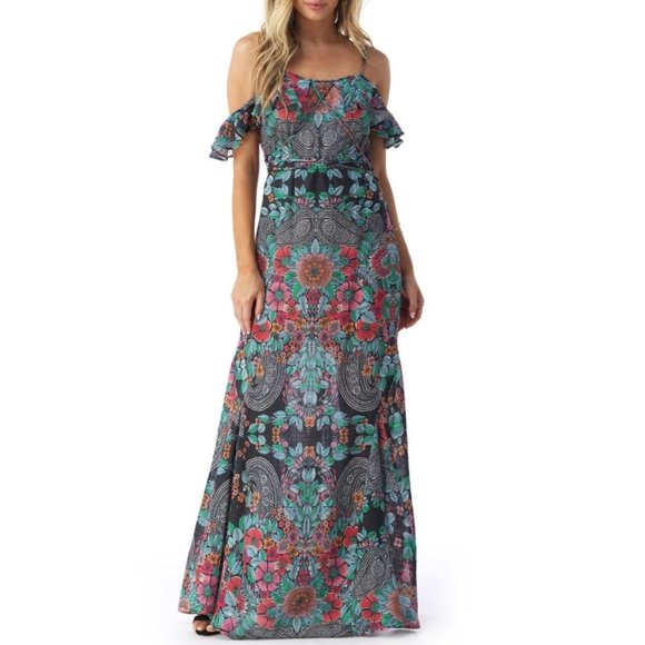 Sky Nesermy Beautiful Floral & Paisley Off the Shoulder Ruffle Top Maxi Dress - Picture 2 of 16